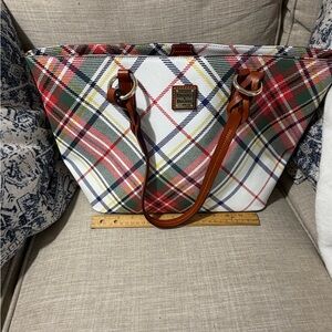 Dooney & Bourke White Tartan Plaid Tote Bag with Brown Leather Straps